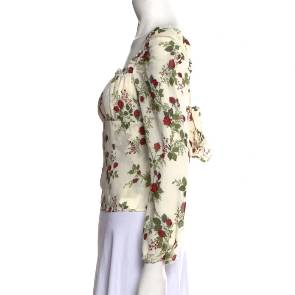 Reformation Cream Floral Puff-Sleeve Blouse with Red & Green Roses